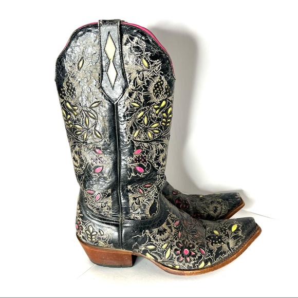 Johnny Ringo Cowboy Boots Genuine Leather Floral Overlay Black Pink Lime Yellow - Picture 2 of 12